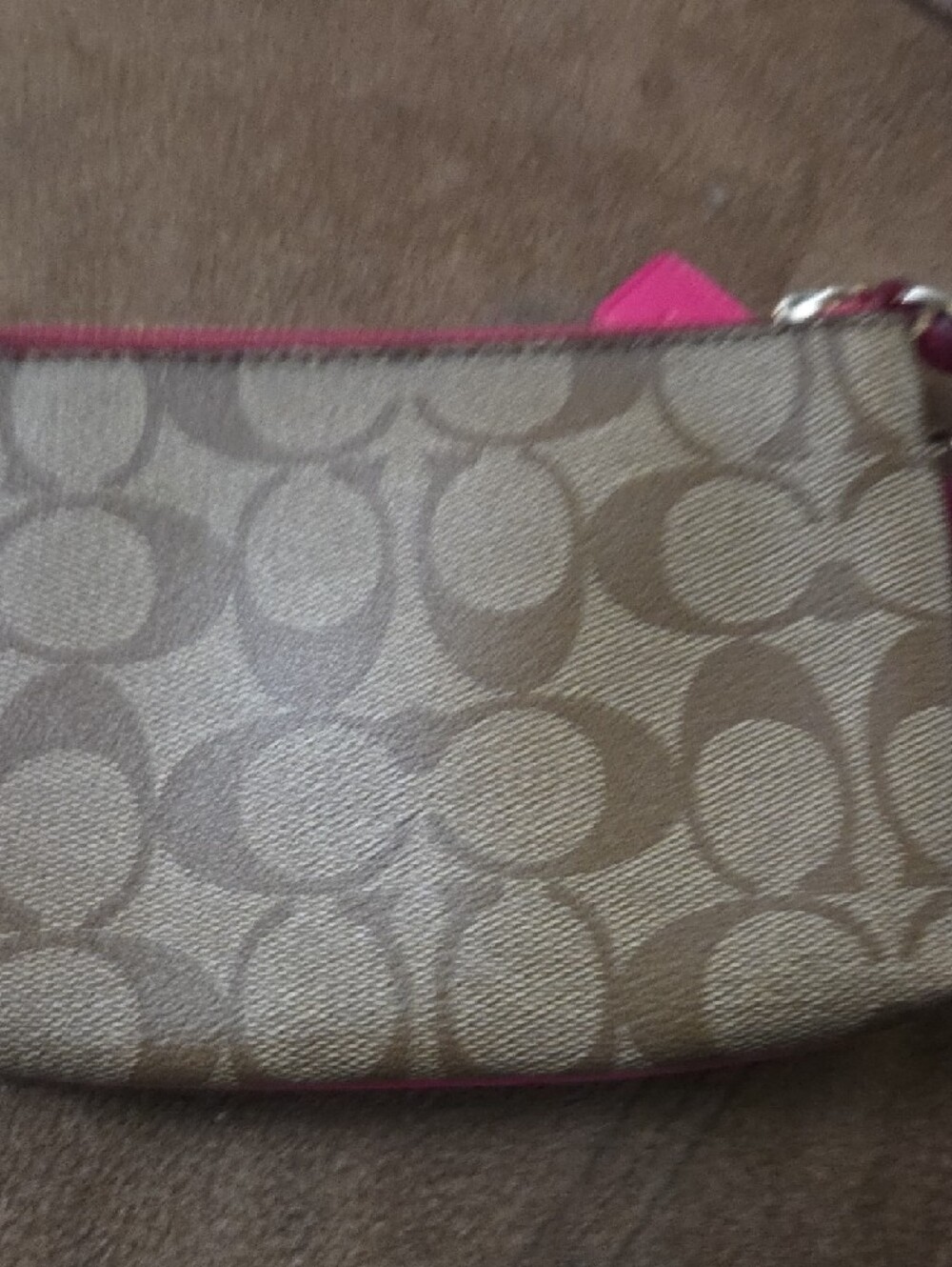 COACH Brown Signature Canvas Wristlet with Pink Leather Trim - Picture 3 of 5
